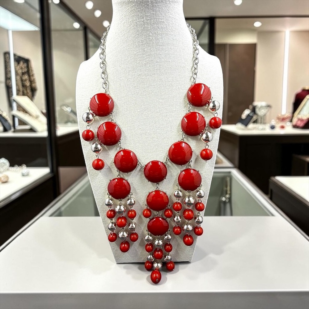 Red Statement Bubble Bib Necklace Silver Tone Beaded Fringe Runway Chunky 22"